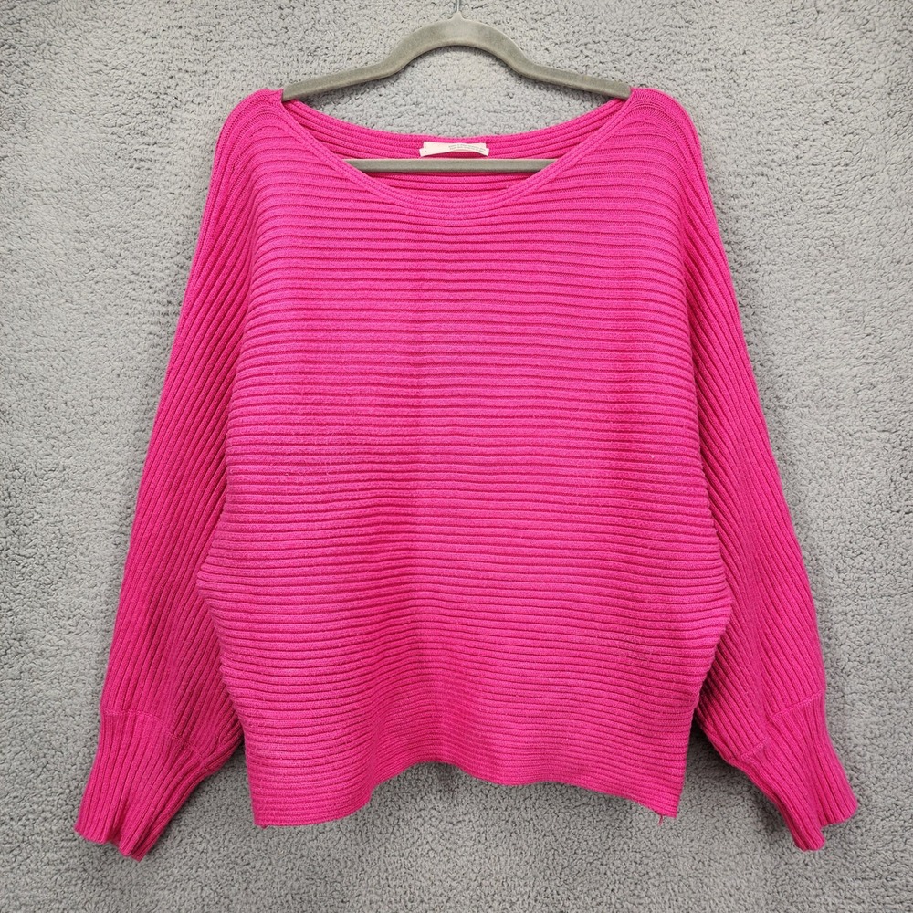 Anthropologie Ribbed Dolman Sleeve Sweater Hot Pink Boat Neck Large